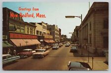 New Bedford Massachusetts, Greetings Downtown Old Cars Woolworth, VTG Postcard picture