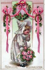 CHRISTMAS -Girl Wearing Shell Hat Frohliche Weihnachten Merry Christmas Postcard picture