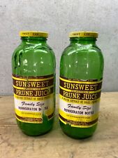 2 Vintage Sunsweet Prune Juice Green Glass Jar Bottle with Label & Lid Lot H picture