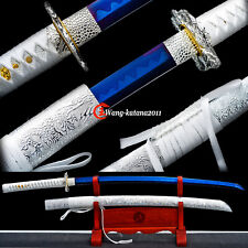 Elegant White Katana Blue T10 Carbon Steel Japanese Samurai Sword Battle Ready picture