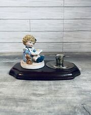 Vintage Homco Home Interior Porcelain Little Girl Candlestick Holder Wood Base picture