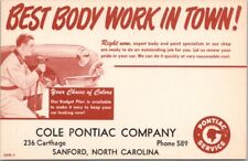 1950s Sanford, North Carolina Car Postcard COLE PONTIAC 