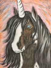 Unicorn Gypsy Vanner Horse Original 9x12 Oil Pastel Painting Artist KSams picture