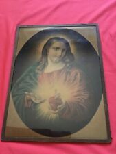 Antique  Sacred Heart of Jesus picture with glass protection 1920th very special picture
