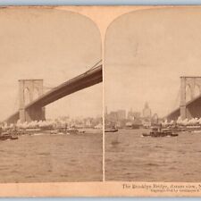 1892 New York NY Stereo Photo Brooklyn Bridge Steam Boats Ships Distant View V24 picture
