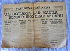 Original VINTAGE Newspaper, Dec. 8, 1941 WWII Begins, Japanese Bomb Pearl Harbor picture