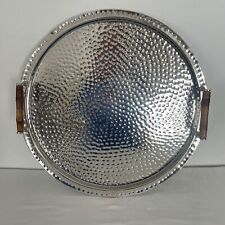 $200 Large Round Hammered Nickel Plated Serving Tray Bamboo Handles 22