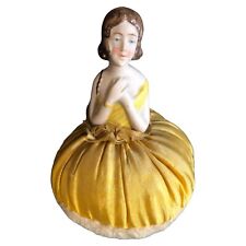 German Porcelain Half Doll Powder Puff Pin Cushion Yellow Dress picture