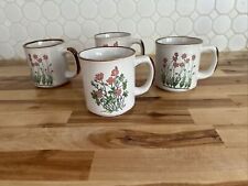 Set of  4 Vintage  Brown Speckled Pink Flowers Coffee Tea Cups Mugs Boho 70s picture
