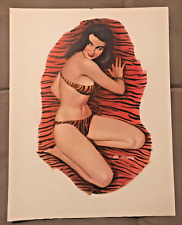 VTG AL MOORE Pinup, Cut from Calendar, 1950, Black-Haired Lady in Zebra Bikini picture