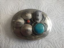 Handmade Vintage Buffalo Nickel  W/ Turquoise And Coral Men's Belt Buckle picture