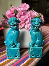 Adorable Vintage Mid Century Chinese Glazed Turquoise Porcelain Small Foo Dogs picture