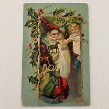 Antique Postcard Embossed Christmas Santa Very Long Beard Giving Horse To Girl picture