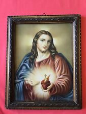 Antique  Sacred Heart of Jesus picture with wood frame 1920th very special picture