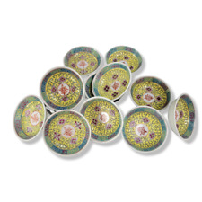 Chinese Mun Shou Famille Rose Jingdezhen Yellow Sauce Bowls  Set of (12) 2.625