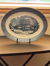 RARE Vintage Oval Platter Currier and Ives Blue and White Old Farmhouse. picture
