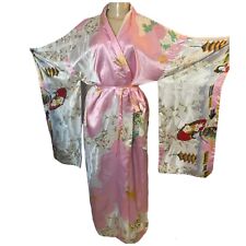 SHANGHAI SOHO Vintage Asian Satin Long Kimono Lining One Size Pink Multicolor picture