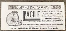 1887 Wilcox FACILE BICYCLE Vtg Print Ad~Antique High Wheel Penny-Farthing Cycle picture
