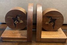 Vintage Art Deco Meets Woodsy Style Wood Book Ends W Etched Painted Geese Flying picture