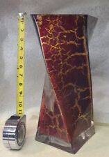 Vintage Large Glass Vase Twisted Square Red and Gold Crackled Veins picture