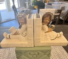 Vintage Circa 1940’s White Gold Chalkware Little Girl Bookends                C1 picture