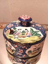 Vtg Chinese Asian Enamel Round Jewelry Box Trinket Bowl Lid Floral & Buddha picture