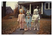 VINTAGE CREEPY CHILDREN IN HALLOWEEN COSTUMES 1950s 4X6 FANTASY PHOTO picture