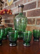  Italian Emerald Green Decanter Glass Set Venetian Lion Silver Overlay - 6 Small picture