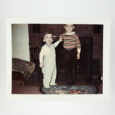 Seeing Something Scary Photo 1990s Brothers Fireplace Vintage Snapshot Art D1874 picture