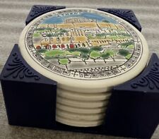 Set Of Six Greek Ceramic Foam Backed Coasters With Holder picture