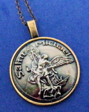 Rare Bronze ARCHANGEL St MICHAEL Saint Medal NECKLACE Pendant Angel Glass Dome  picture
