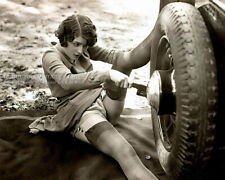 Vintage 1930s Studio Biederer Photo - Sexy Woman in Stockings Changing Car Tire picture