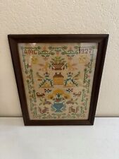 Antique 1927 Signed AMC Framed Needlepoint Sampler w/ House Flowers Animals picture