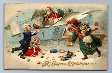 1913 WINSCH SANTA THROWING GIFTS FROM WHITE BIPLANE, CHILDREN XMAS Postcard PS picture