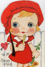 Vintage c1920's Valentine's Day Card Girl Red Hat, Flowers, Can, Heart, Eyes  picture