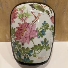 Vintage Large Chinese Lacquer Trinket Box w/Handpainted Antique Porcelain Inlay picture