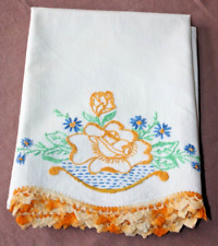 Vintage Cotton Pillowcase w/Floral Embroidery & Crochet Trim picture