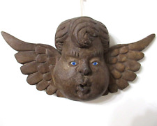 VTG MEXICO GUERRERO CARVED WOOD LARGE ANGEL CHERUB HEAD GLASS EYES MEXICAN ART picture