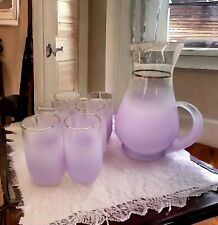 Vintage West Virginia Glass Mid Century Blendo Orchid Pitcher & 6 Glasses Set.  picture