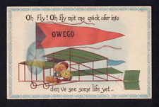 Owego NY New York Flag Banner Pennant BiPlane Dutch Kids Tioga County Postcard picture