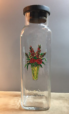 Vintage Mid Century Modern Floral Design Clear Glass Canister w/Wood Lid picture