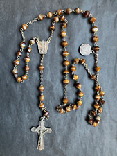 Superb French Antique Rosary -Tiger eye Beads,Sterling Silver Cross from Lourdes picture