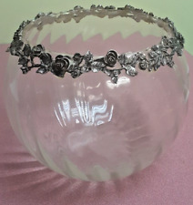 VINTAGE clear Glass Bowl with Pewter Flowers on Rim - 8