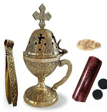 Incense Censer Set: Brass Censer, Tongs, Charcoal, and Frankincense Incense -NEW picture