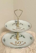 Vtg 1980s Lefton China 50th Wedding Anniversary 2 Tier Tidbit Serving Tray picture