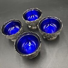Vintage FB Rogers Silver Plate Salt Cellars with Cobalt Bowls No Spoons set of 4 picture
