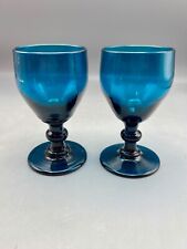 Antique English Peacock Blue Flint Glass Wine Glasses Hand Blown Early 19th Cen. picture