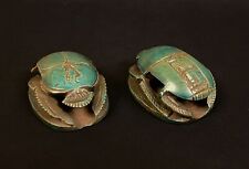 Outstanding Group Of Two Glazed Faience Scarabs Beetle Statue with Hieroglyphic picture