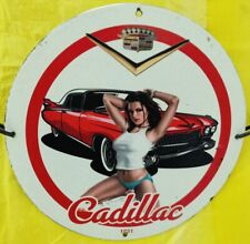 CADILLAC AUTHORIZED SERVICE OIL GAS STATION GARAGE PINUP PORCELAIN ENAMEL SIGN. picture