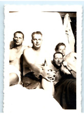 Vintage Photo 1940s, WW2 US Navy, 4 Sailors shirtless in Barracks, 3.5 x 2.5 picture